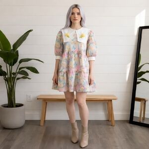 White Floral Mini Babydoll Dress Size Large Pink Tiered Dollcore Kidcore